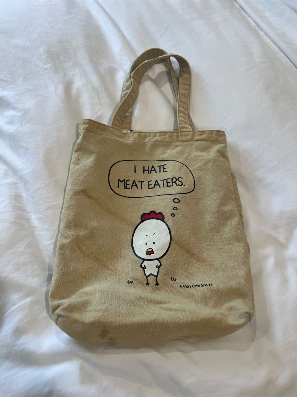 Angry Little Girls Canvas Tote Bag with 'I Hate Meat Eaters' Chicken Print - Tan